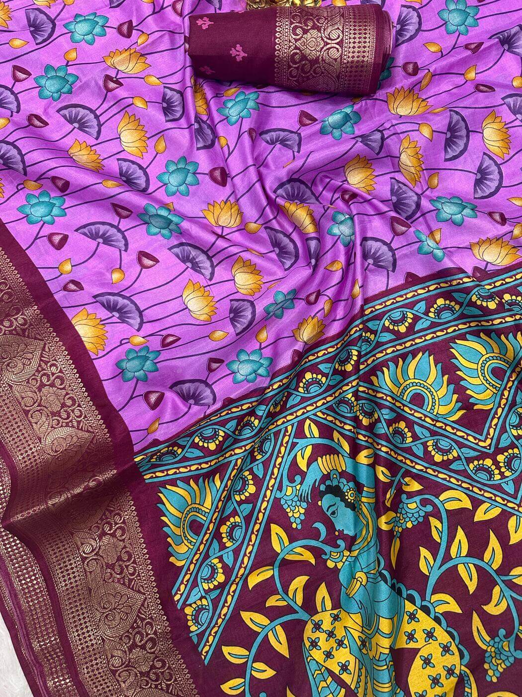 Engaging Lavender Digital Printed Dola Silk Saree With Scrumptious Blouse Piece