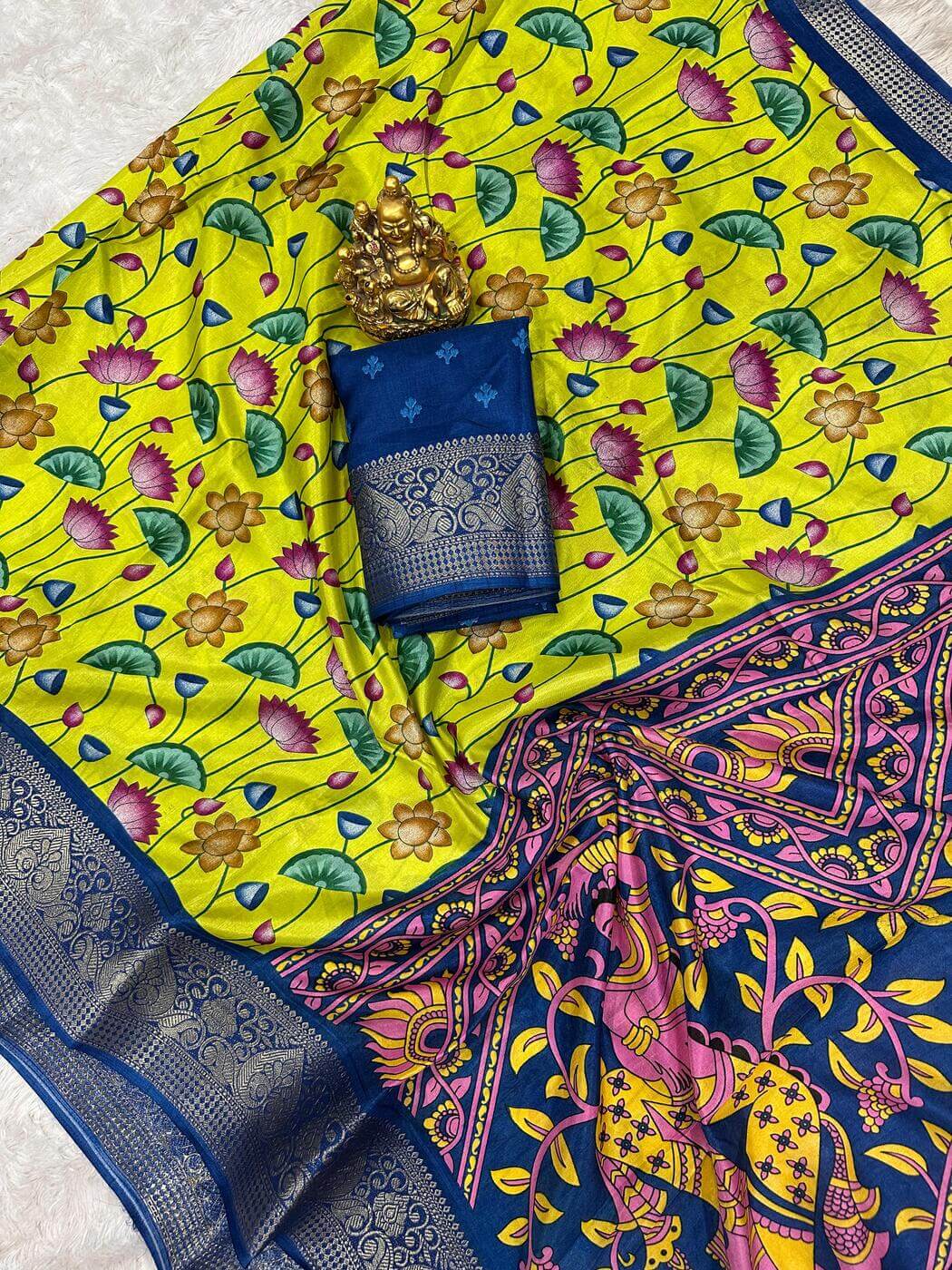 Vestigial Parrot Digital Printed Dola Silk Saree With Trendy Blouse Piece