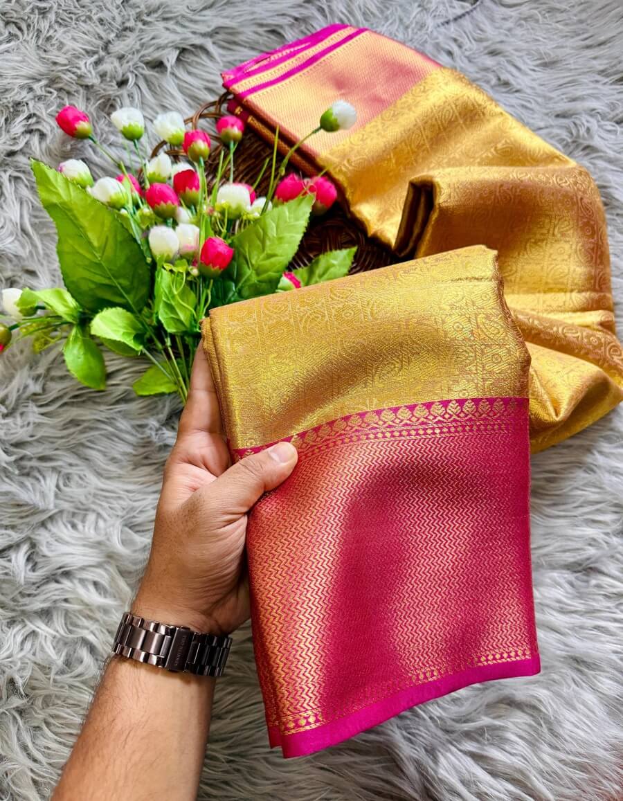 Bollywood Style Golden Soft Tissue Silk Saree With Entrancing Blouse Piece