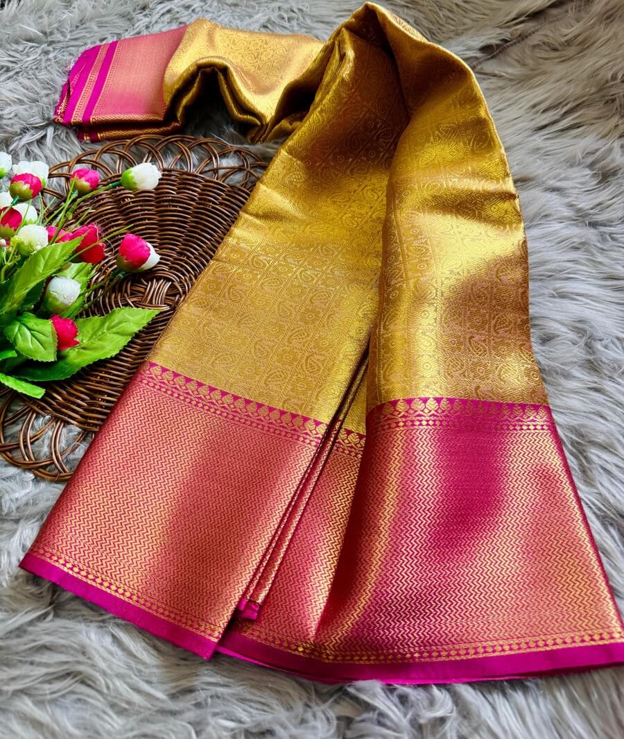 Bollywood Style Golden Soft Tissue Silk Saree With Entrancing Blouse Piece