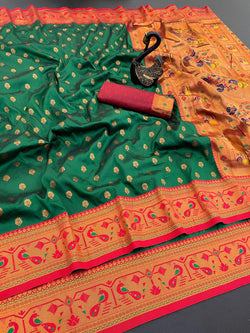 Gleaming Dark Green Paithani Silk Saree With Amazing Blouse Piece