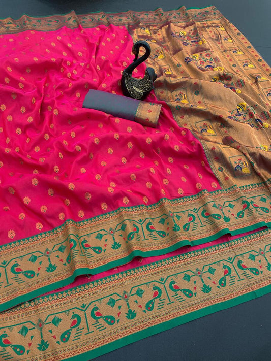 Angelic Dark Pink Paithani Silk Saree With Gossamer Blouse Piece