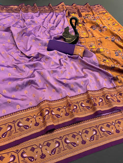 Tremendous Lavender Paithani Silk Saree With Imaginative Blouse Piece