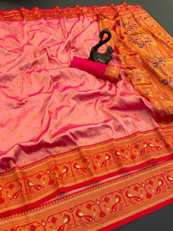 Mesmeric Peach Paithani Silk Saree With Gratifying Blouse Piece