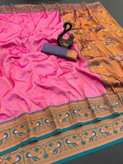 Radiant Pink Paithani Silk Saree With Serendipity Blouse Piece