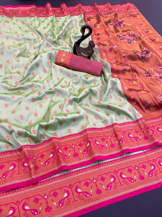 Prettiest Pista Paithani Silk Saree With Surreptitious Blouse Piece
