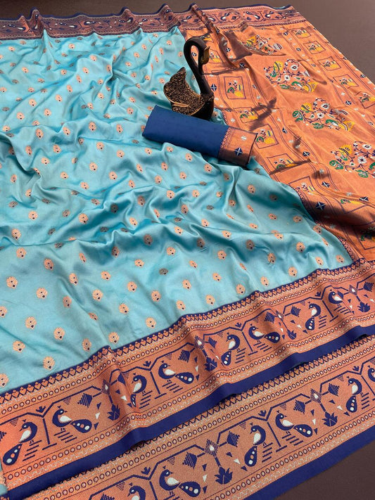 Captivating Sky Paithani Silk Saree With Desuetude Blouse Piece