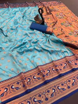 Captivating Sky Paithani Silk Saree With Desuetude Blouse Piece