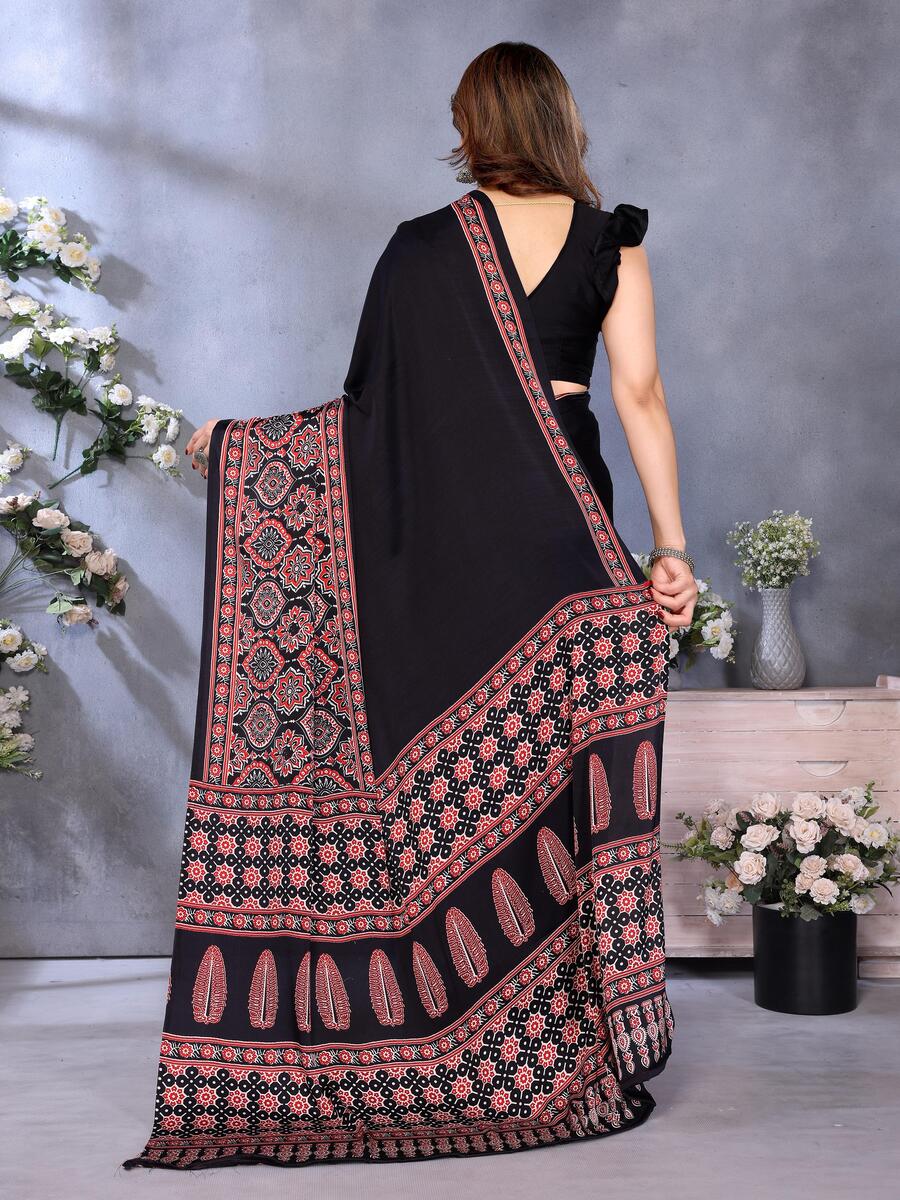 Groovy Black Ajrak Printed Soft Silk Saree With Amiable Blouse Piece