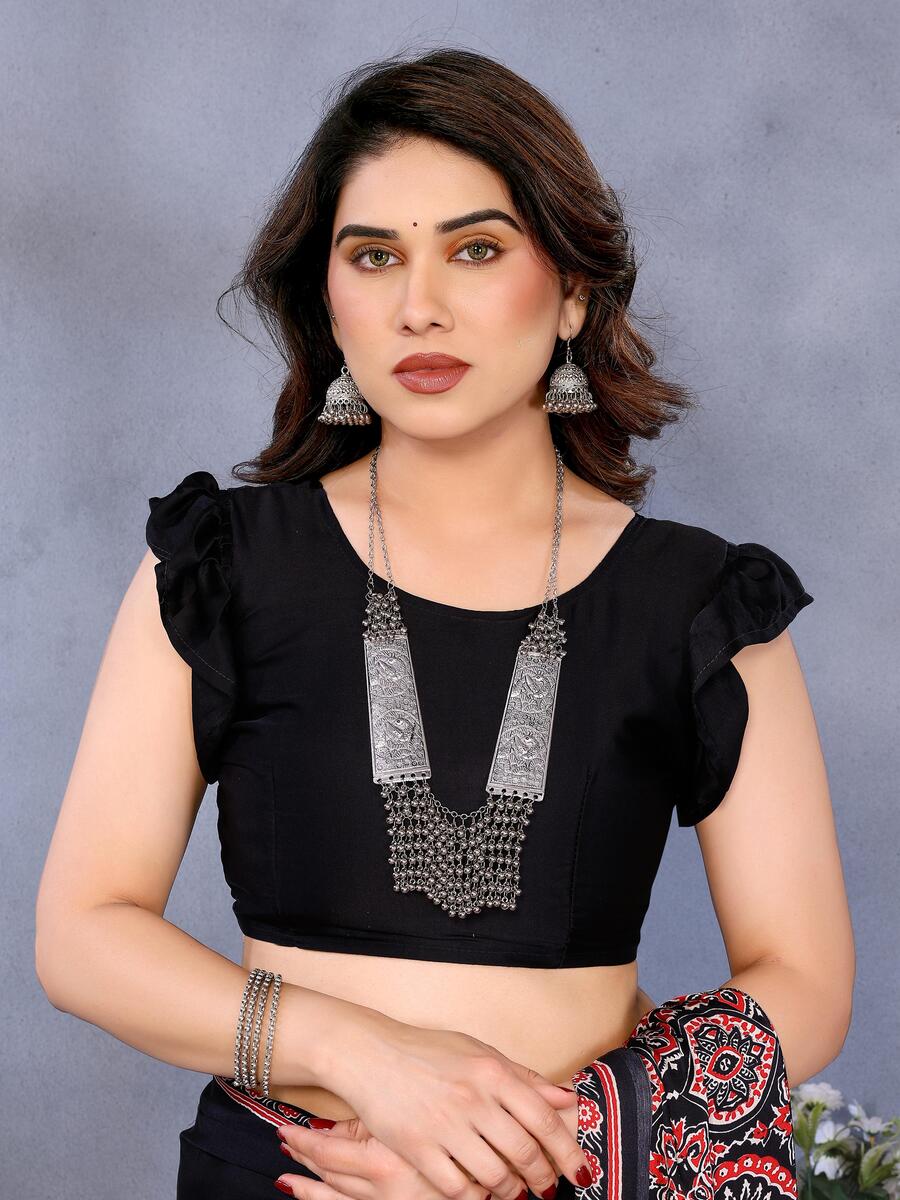 Groovy Black Ajrak Printed Soft Silk Saree With Amiable Blouse Piece