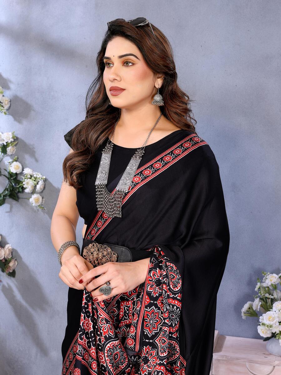 Groovy Black Ajrak Printed Soft Silk Saree With Amiable Blouse Piece