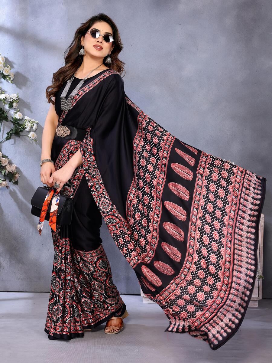 Groovy Black Ajrak Printed Soft Silk Saree With Amiable Blouse Piece