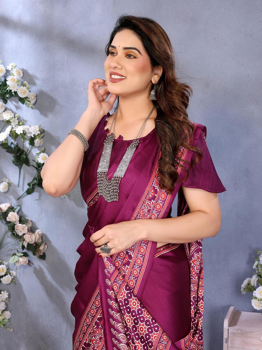 Nemesis Purple Ajrak Printed Soft Silk Saree With Beleaguer Blouse Piece