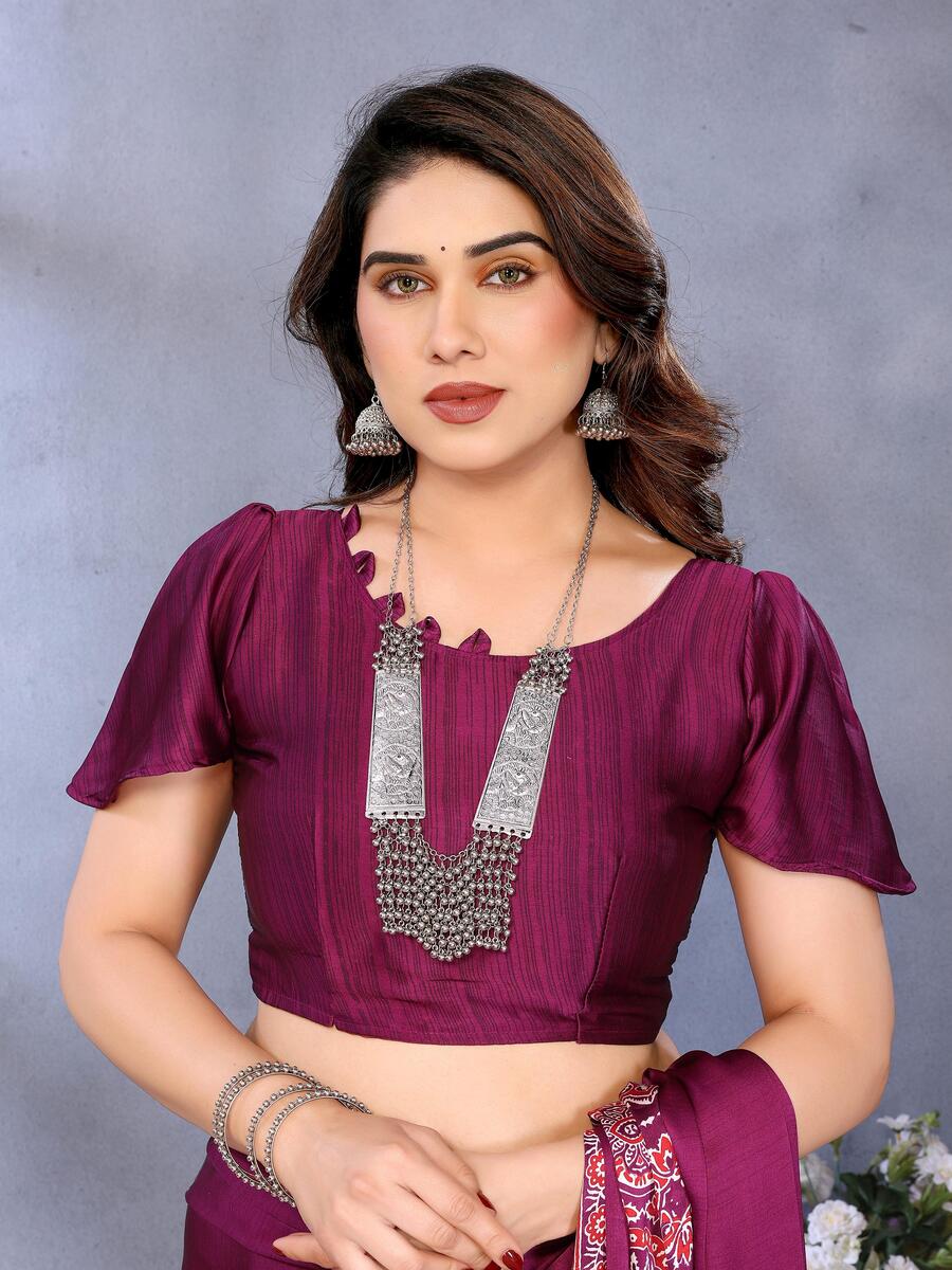 Nemesis Purple Ajrak Printed Soft Silk Saree With Beleaguer Blouse Piece