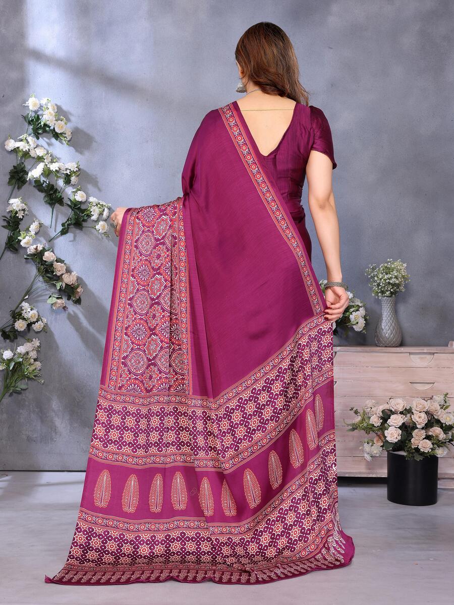 Nemesis Purple Ajrak Printed Soft Silk Saree With Beleaguer Blouse Piece