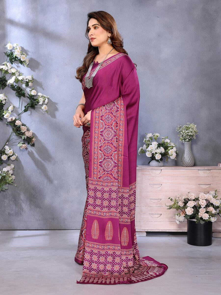 Nemesis Purple Ajrak Printed Soft Silk Saree With Beleaguer Blouse Piece