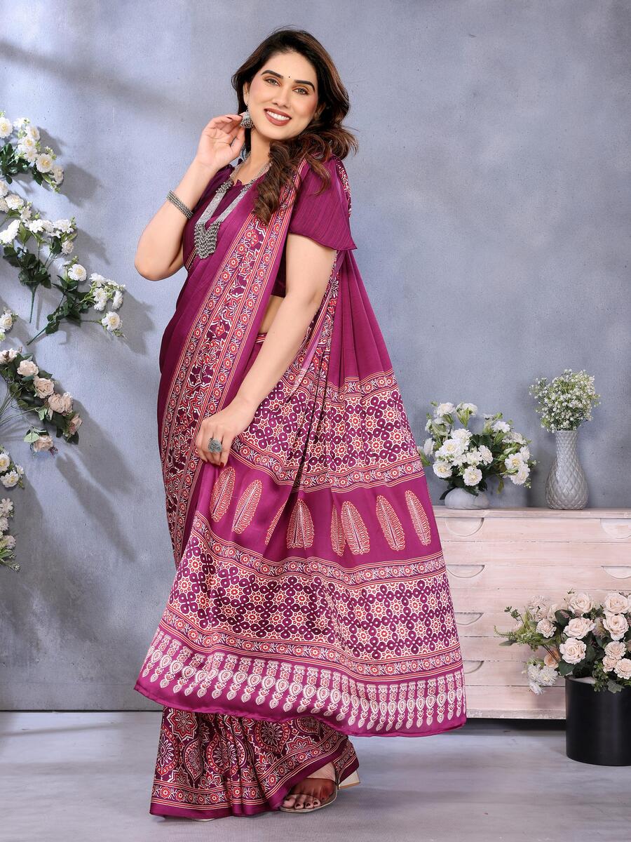 Nemesis Purple Ajrak Printed Soft Silk Saree With Beleaguer Blouse Piece