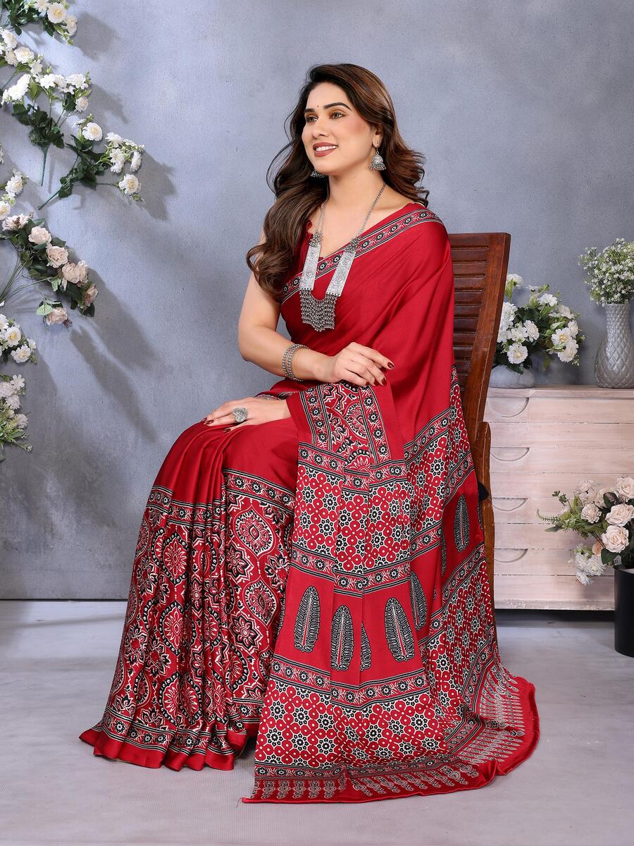 Dissemble Red Ajrak Printed Soft Silk Saree With Blooming Blouse Piece