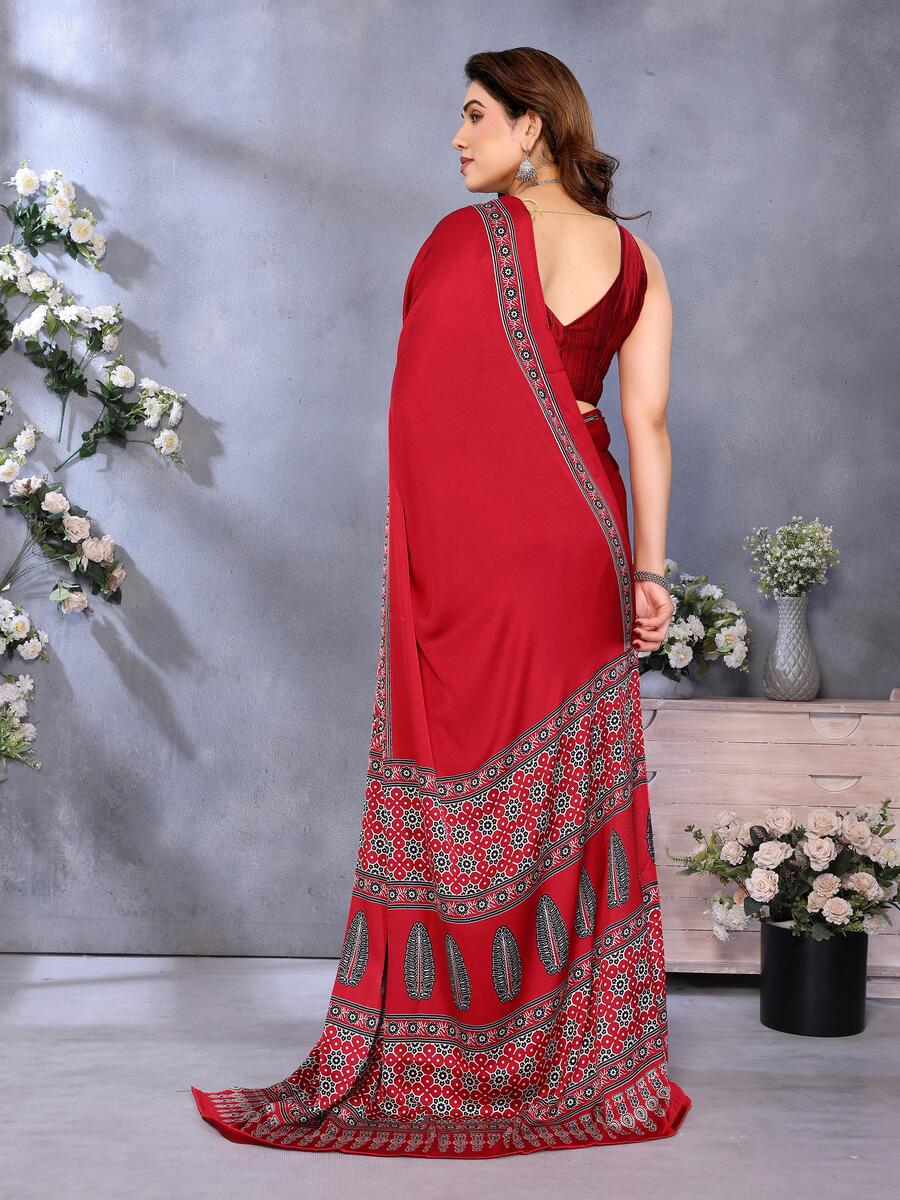 Dissemble Red Ajrak Printed Soft Silk Saree With Blooming Blouse Piece
