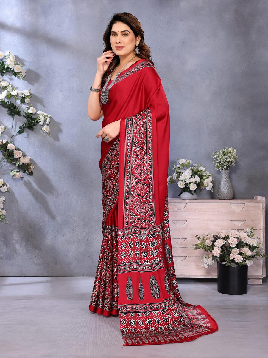 Dissemble Red Ajrak Printed Soft Silk Saree With Blooming Blouse Piece