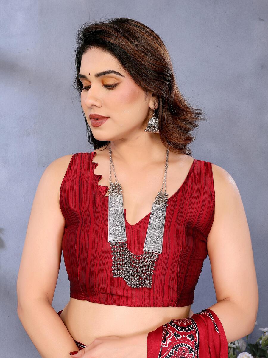 Dissemble Red Ajrak Printed Soft Silk Saree With Blooming Blouse Piece