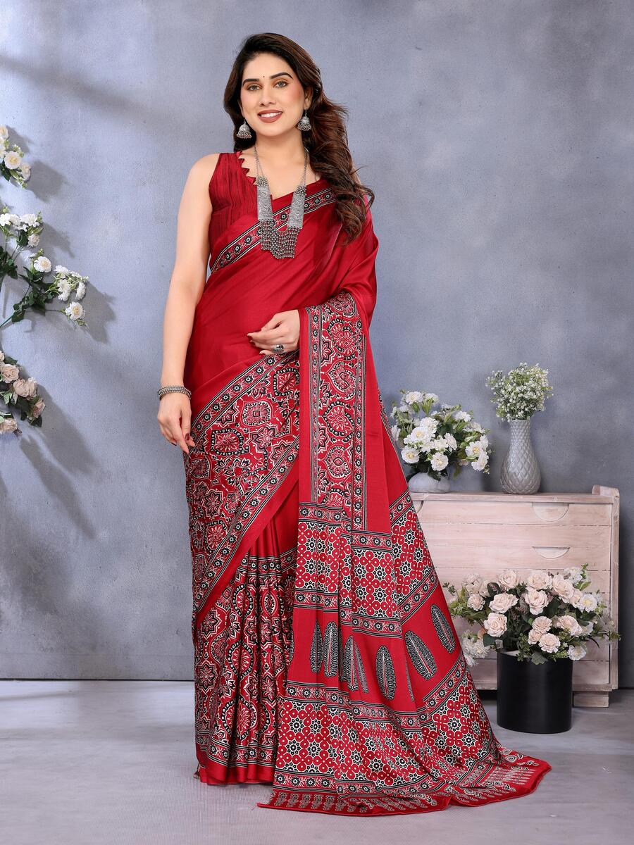 Dissemble Red Ajrak Printed Soft Silk Saree With Blooming Blouse Piece