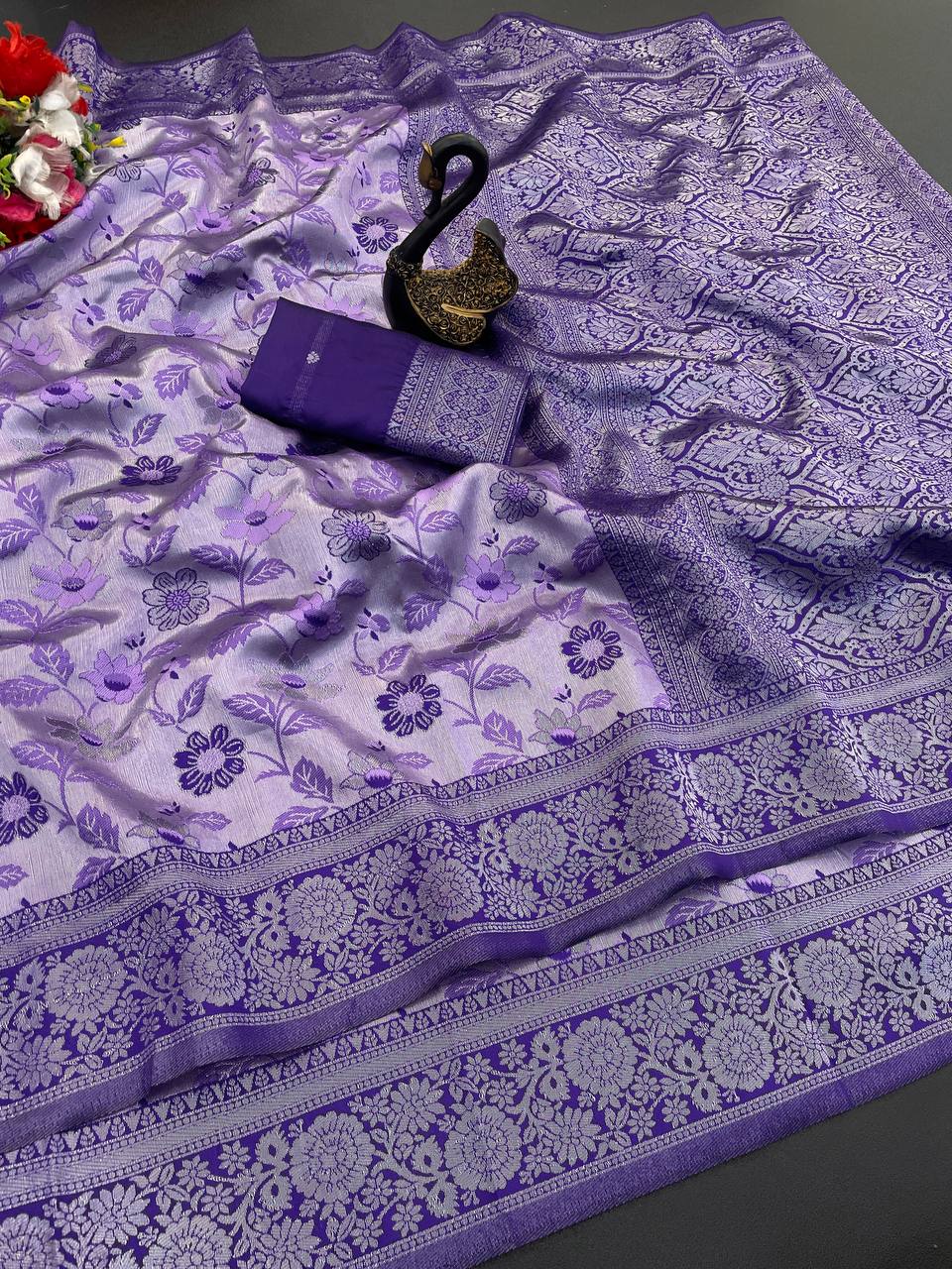 Serendipity Lavender Soft Banarasi Tissue Silk Saree With Ephemeral Blouse Piece