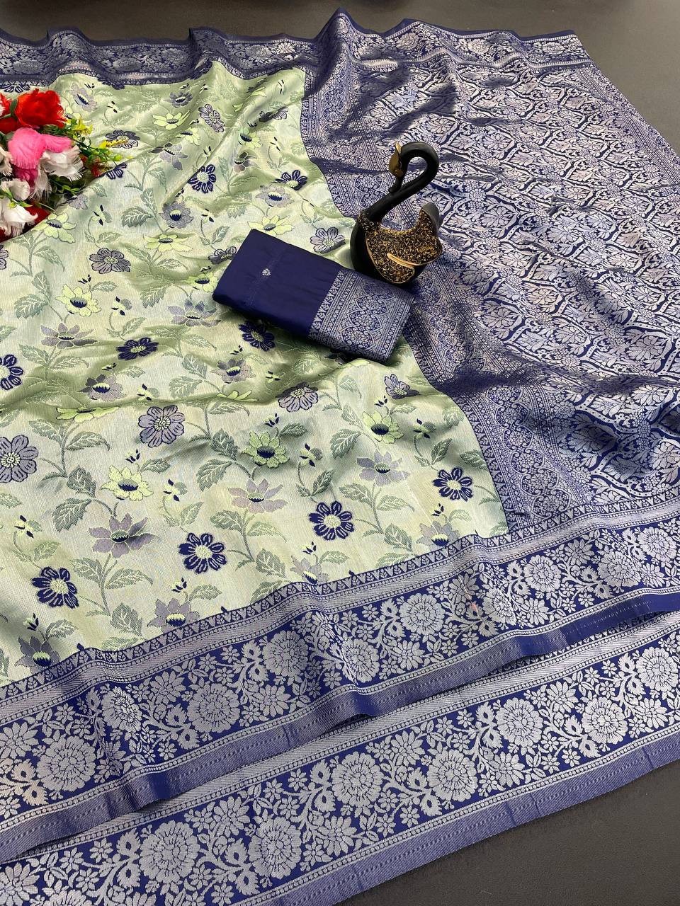 Lissome Pista Soft Banarasi Tissue Silk Saree With Beautiful Blouse Piece
