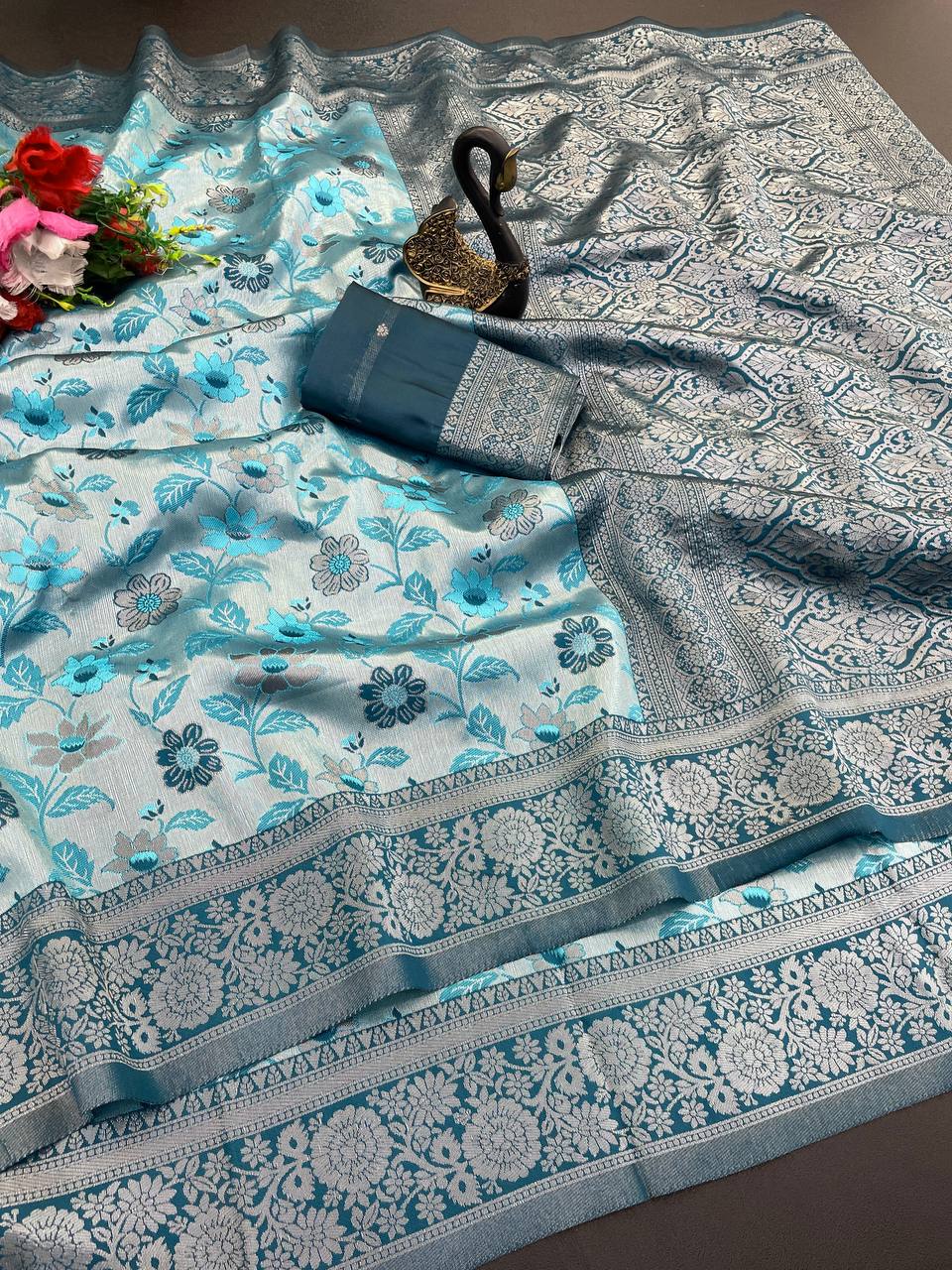 Classy Sky Soft Banarasi Tissue Silk Saree With Ethereal Blouse Piece