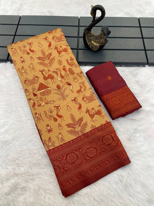Capricious Dark Beige Soft Banarasi Tissue Silk Saree With Charming Blouse Piece