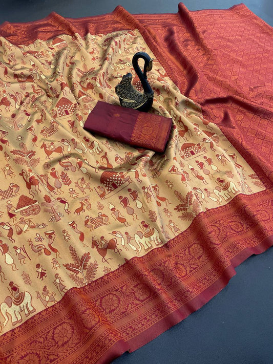 Capricious Dark Beige Soft Banarasi Tissue Silk Saree With Charming Blouse Piece