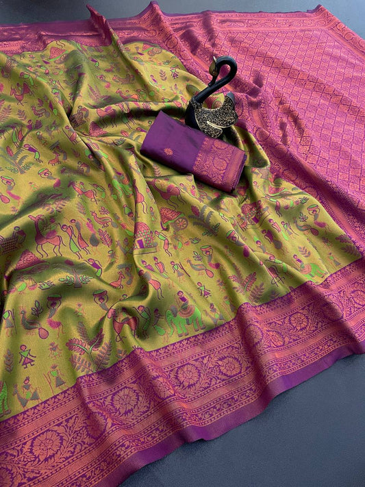 Propinquity Mustard Soft Banarasi Tissue Silk Saree With Lustrous Blouse Piece