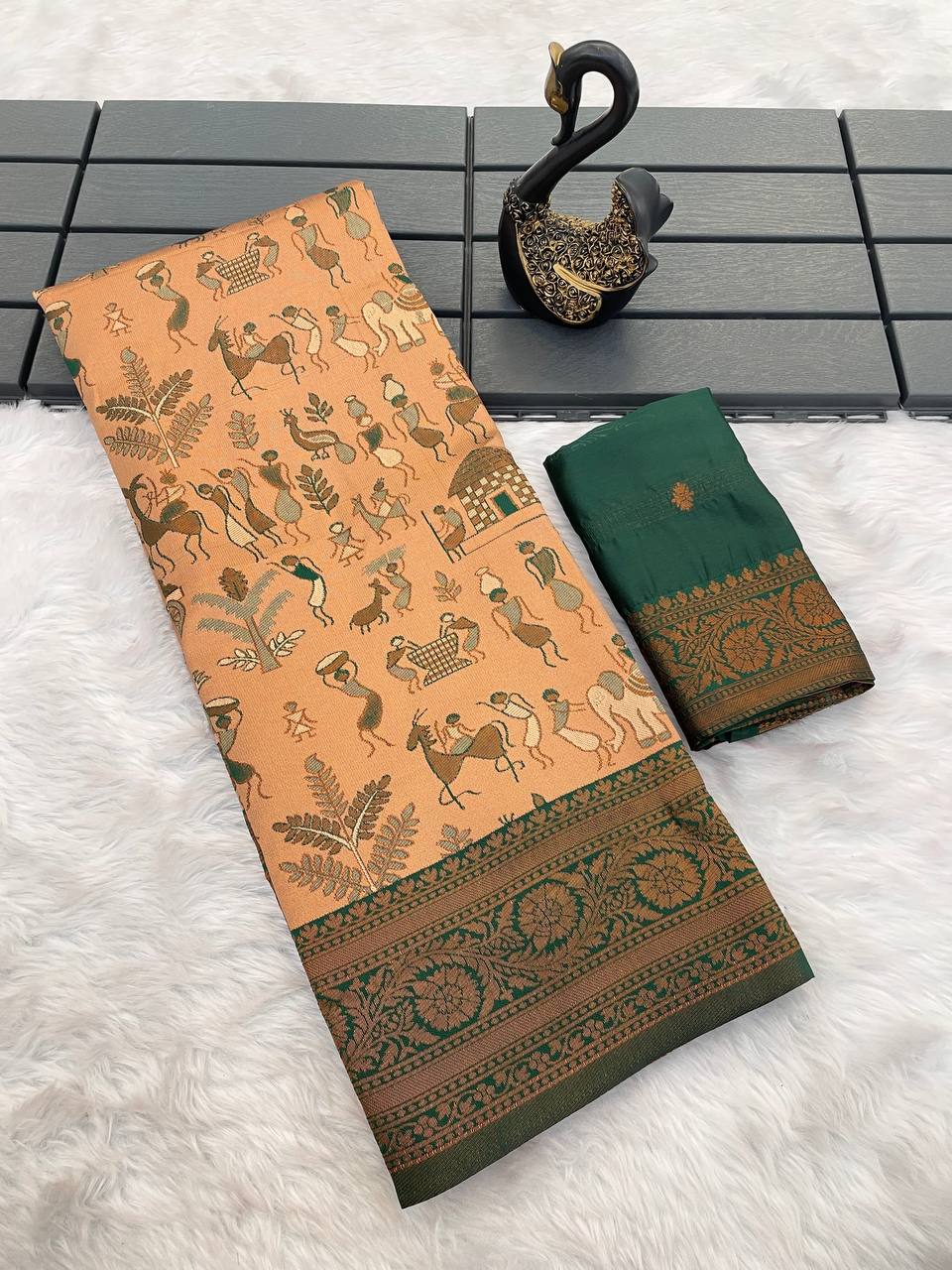 Surreptitious Peach Soft Banarasi Tissue Silk Saree With Chatoyant Blouse Piece