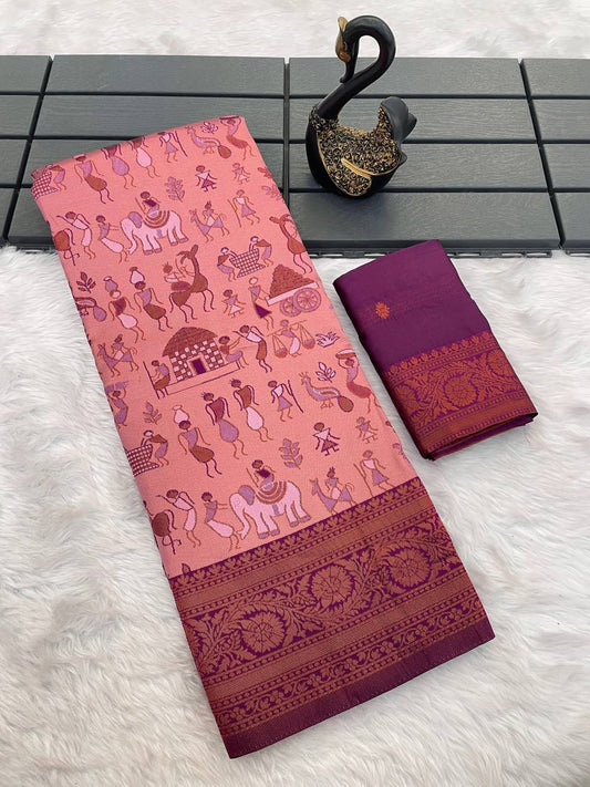 Cynosure Pink Soft Banarasi Tissue Silk Saree With Ratatouille Blouse Piece