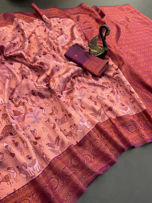 Cynosure Pink Soft Banarasi Tissue Silk Saree With Ratatouille Blouse Piece