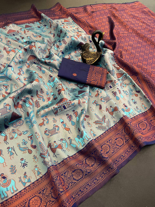 Gossamer Sky Soft Banarasi Tissue Silk Saree With Flamboyant Blouse Piece