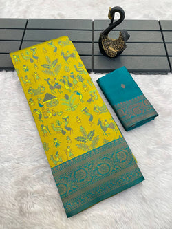 Ethnic Yellow Soft Banarasi Tissue Silk Saree With Lovely Blouse Piece