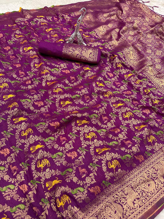 Charming Purple Soft Banarasi Silk Saree With Nemesis Blouse Piece