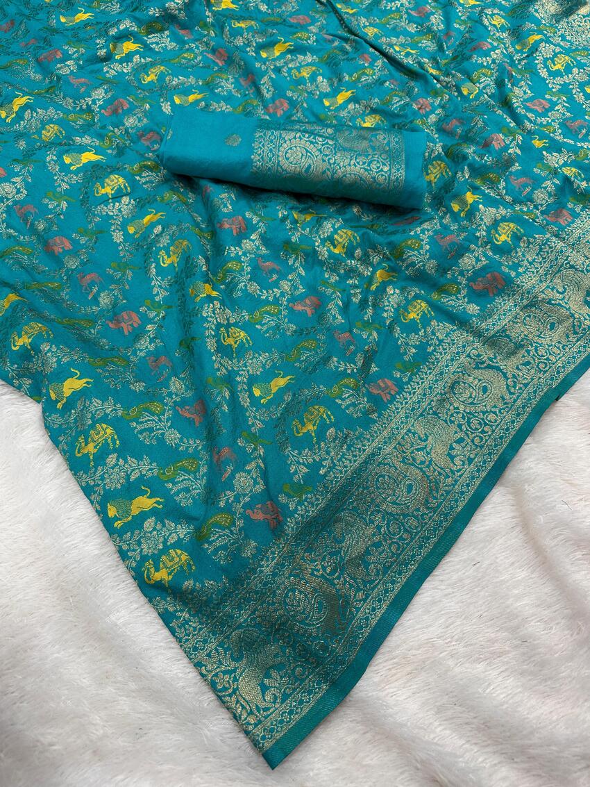 Incomparable Sea Green Soft Banarasi Silk Saree With Flaunt Blouse Piece