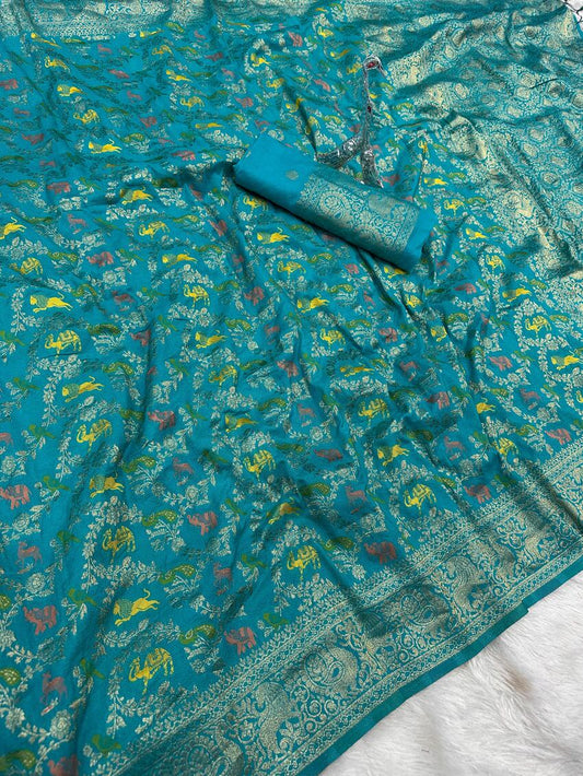 Incomparable Sea Green Soft Banarasi Silk Saree With Flaunt Blouse Piece