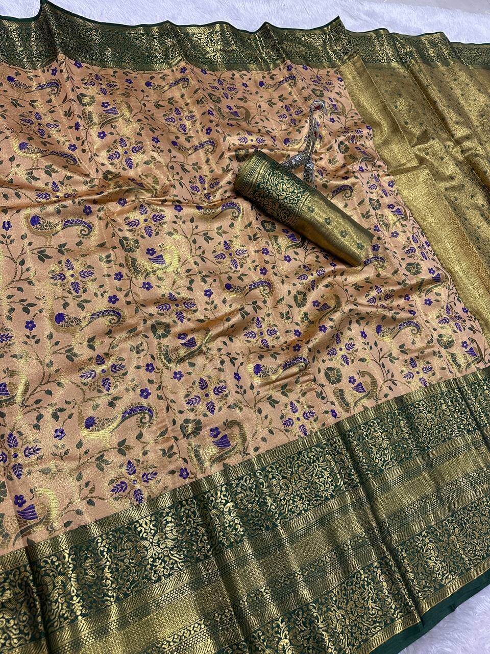 Devastating Beige Kanjivaram Silk Saree With Inimitable Blouse Piece