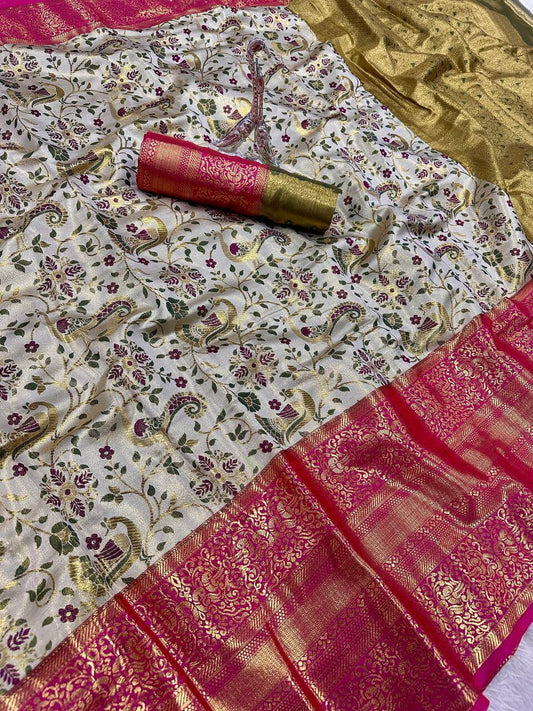 Assemblage Pista Kanjivaram Silk Saree With Conflate Blouse Piece