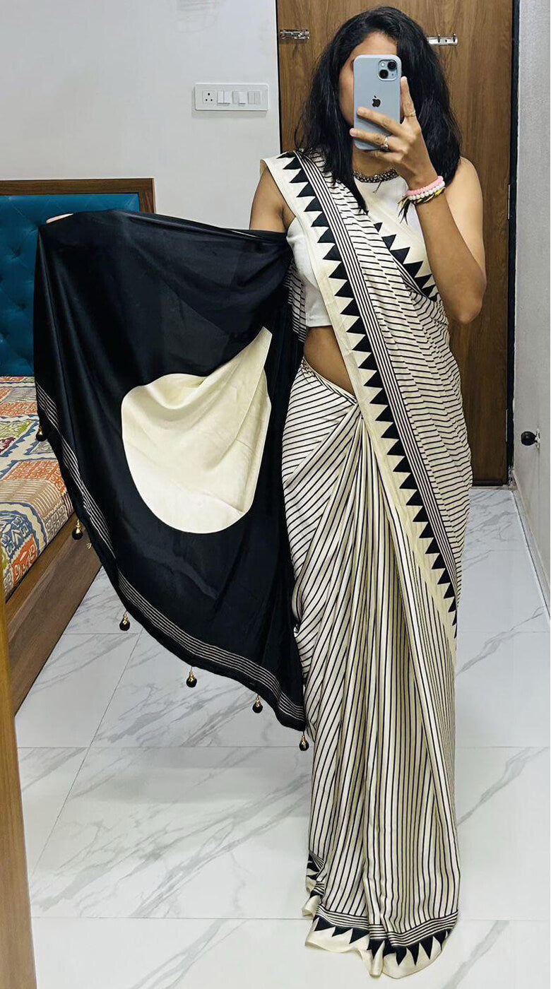 Impressive Beige Digital Printed Crape Silk Saree With Allure Blouse Piece