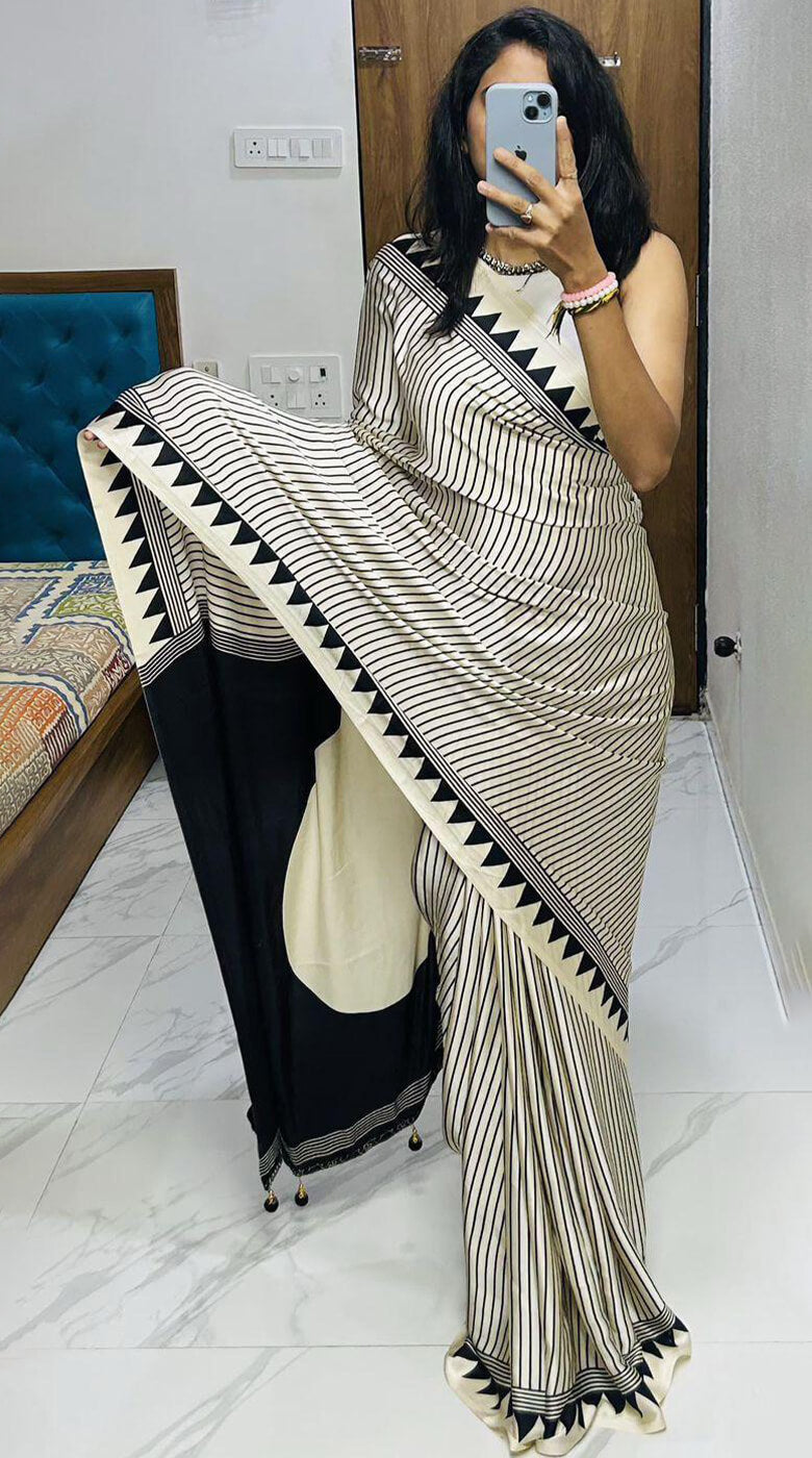 Impressive Beige Digital Printed Crape Silk Saree With Allure Blouse Piece