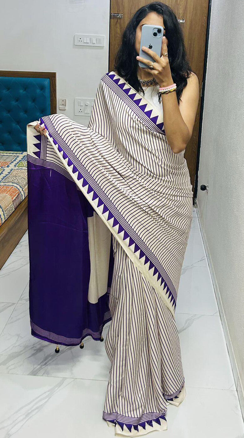 Glamorous Beige Digital Printed Crape Silk Saree With Skinny Blouse Piece