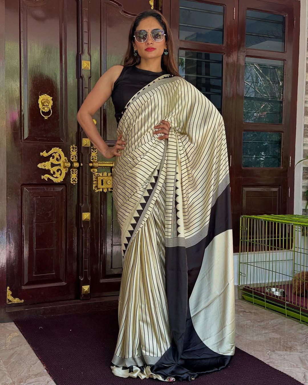 Epiphany Beige Digital Printed Crape Silk Saree With Sensational Blouse Piece