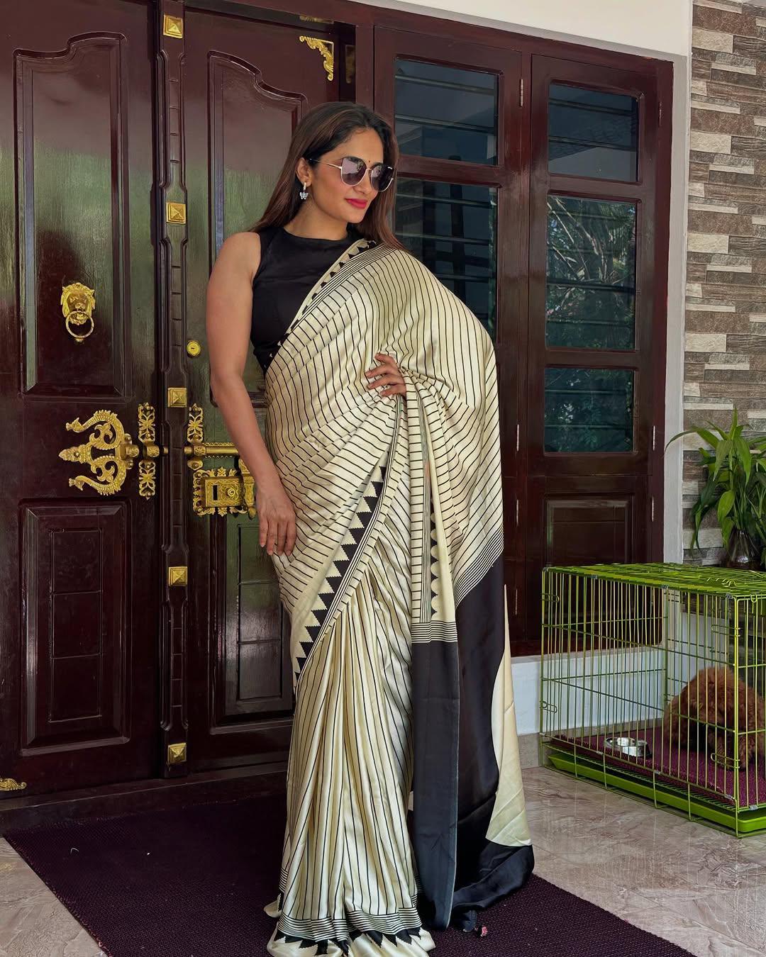 Epiphany Beige Digital Printed Crape Silk Saree With Sensational Blouse Piece