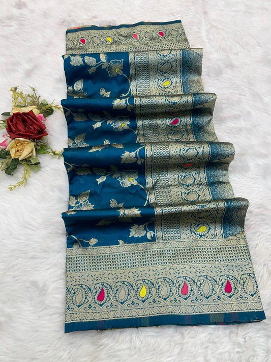 Alluring Blue Soft Banarasi Silk Saree With Gratifying Blouse Piece
