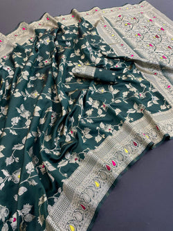 Ethereal Dark Green Soft Banarasi Silk Saree With Precious Blouse Piece