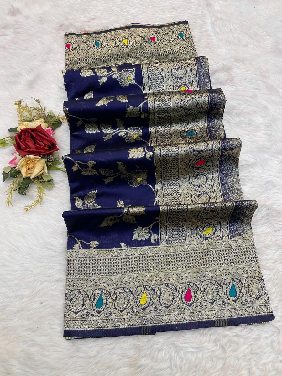 Delectable Navy Blue Soft Banarasi Silk Saree With Desuetude Blouse Piece